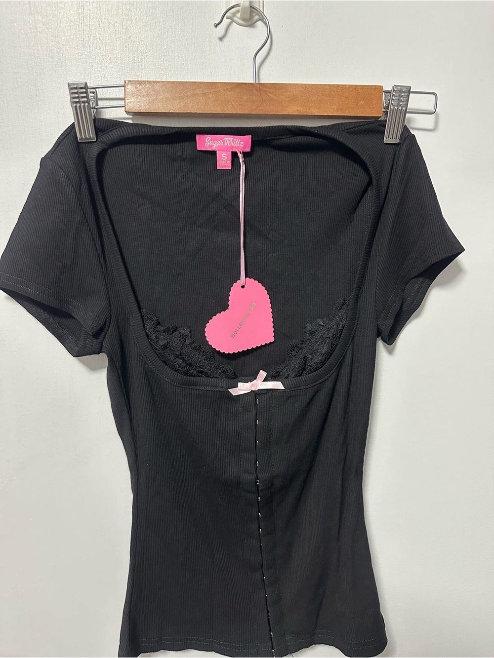 Black Ribbed Scoop Neck Lace Trim Top